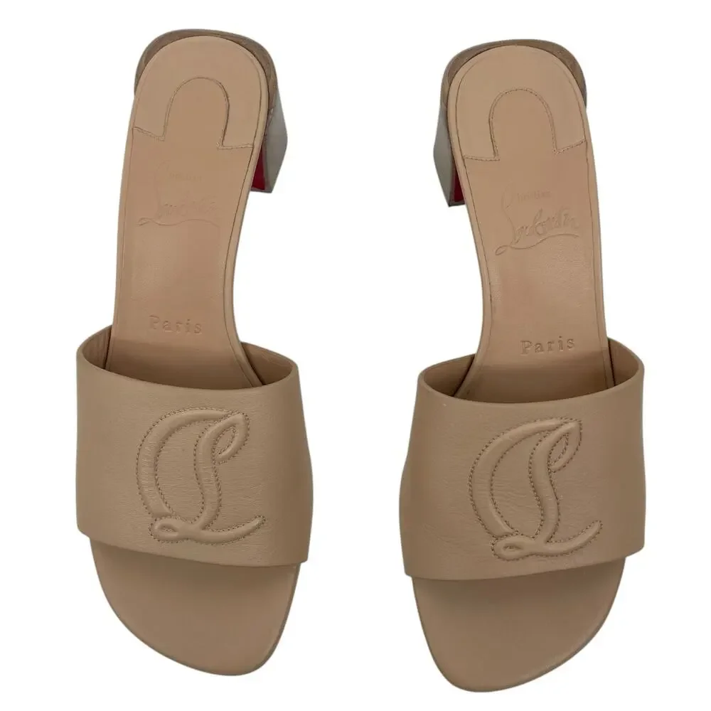 Christian Louboutin So CL Mules 55 Leather Heel Sandal Beige  Size 37 - Picture 5 of 12
